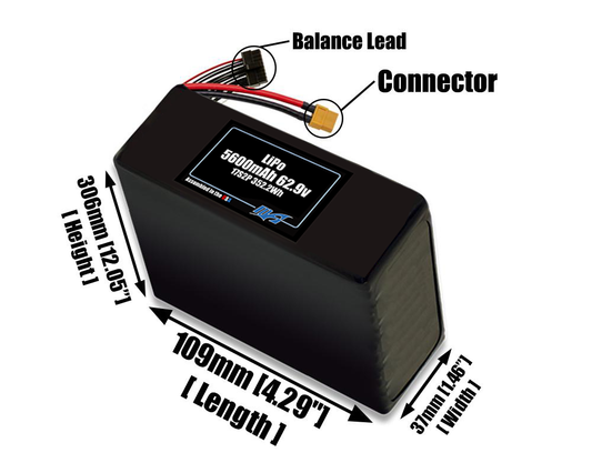 Size reference photo of the 5600mAh 62.9V LiPo pack showing 109 mm by 37 mm by 306 mm dimensions ideal for drones or robotic systems where space matters.