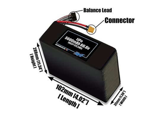 Size reference photo of the 5600mAh 66.6V LiPo pack showing 109 mm by 37 mm by 324 mm dimensions ideal for drones or robotic systems where space matters.