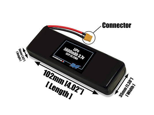 Size reference photo of the 5600mAh 3.7V LiPo pack showing 109 mm by 37 mm by 18 mm dimensions ideal for drones or robotic systems where space matters.