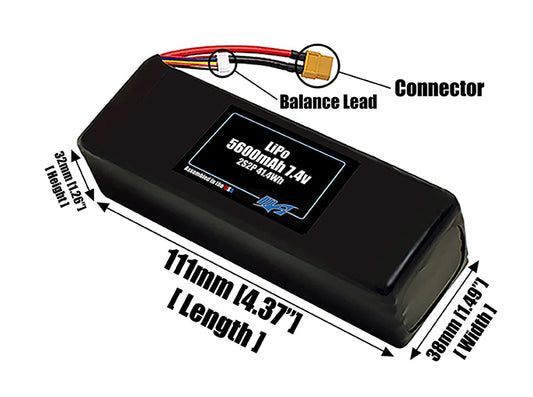 Size reference photo of the 5600mAh 7.4V LiPo pack showing 111 mm by 38 mm by 32 mm dimensions ideal for drones or robotic systems where space matters.