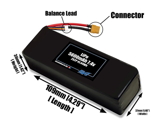 Size reference photo of the 5600mAh 7.4V LiPo pack showing 109 mm by 37 mm by 36 mm dimensions ideal for drones or robotic systems where space matters.