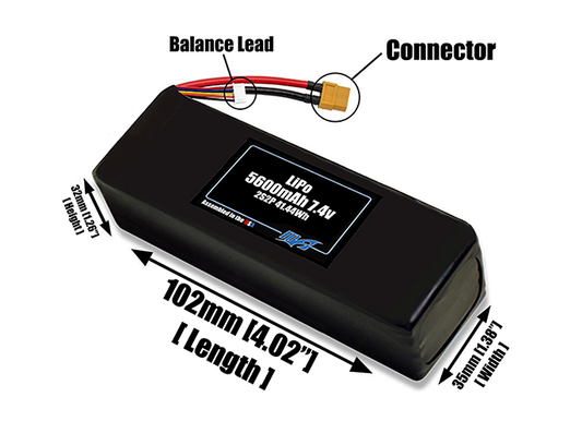 Size reference photo of the 5600mAh 7.4V LiPo pack showing 109 mm by 37 mm by 36 mm dimensions ideal for drones or robotic systems where space matters.
