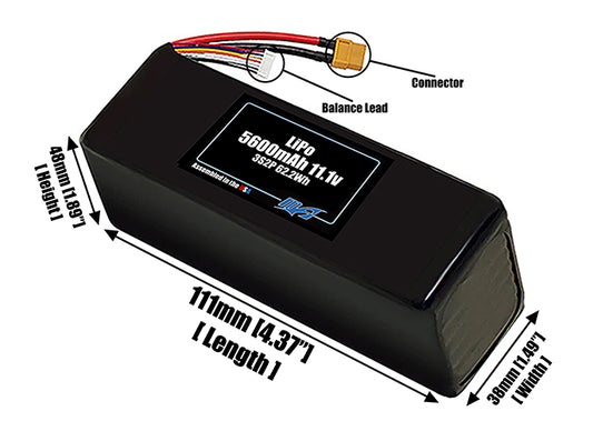 Size reference photo of the 5600mAh 11.1V LiPo pack showing 111 mm by 38 mm by 48 mm dimensions ideal for drones or robotic systems where space matters.