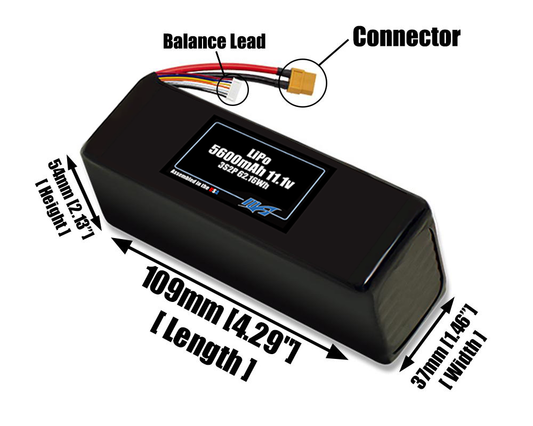 Size reference photo of the 5600mAh 11.1V LiPo pack showing 109 mm by 37 mm by 54 mm dimensions ideal for drones or robotic systems where space matters.