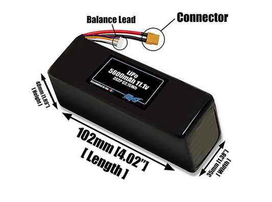 Size reference photo of the 5600mAh 11.1V LiPo pack showing 109 mm by 37 mm by 54 mm dimensions ideal for drones or robotic systems where space matters.