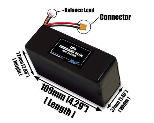 Size reference photo of the 5600mAh 14.8V LiPo pack showing 109 mm by 37 mm by 72 mm dimensions ideal for drones or robotic systems where space matters.