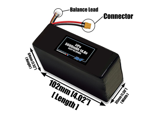 Size reference photo of the 5600mAh 14.8V LiPo pack showing 109 mm by 37 mm by 72 mm dimensions ideal for drones or robotic systems where space matters.