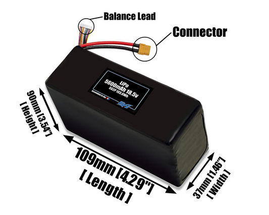 Size reference photo of the 5600mAh 18.5V LiPo pack showing 109 mm by 37 mm by 90 mm dimensions ideal for drones or robotic systems where space matters.