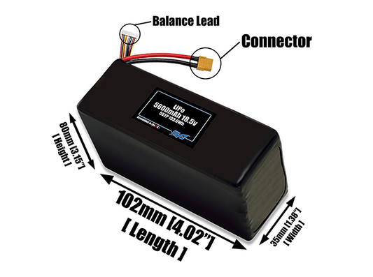 Size reference photo of the 5600mAh 18.5V LiPo pack showing 109 mm by 37 mm by 90 mm dimensions ideal for drones or robotic systems where space matters.