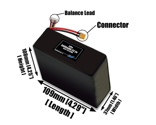 Size reference photo of the 5600mAh 22.2V LiPo pack showing 109 mm by 37 mm by 108 mm dimensions ideal for drones or robotic systems where space matters.