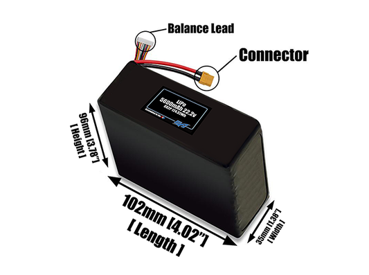 Size reference photo of the 5600mAh 22.2V LiPo pack showing 109 mm by 37 mm by 108 mm dimensions ideal for drones or robotic systems where space matters.