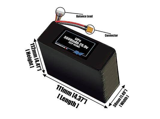 Size reference photo of the 5600mAh 25.9V LiPo pack showing 111 mm by 38 mm by 112 mm dimensions ideal for drones or robotic systems where space matters.