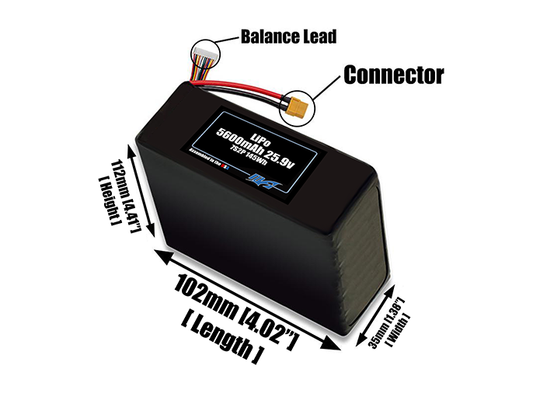 Size reference photo of the 5600mAh 25.9V LiPo pack showing 109 mm by 37 mm by 126 mm dimensions ideal for drones or robotic systems where space matters.
