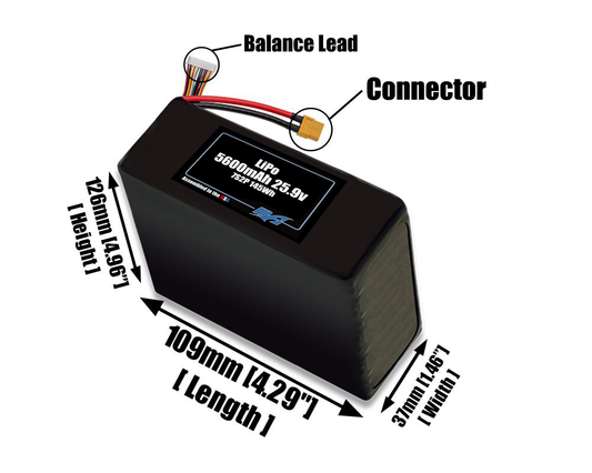 Size reference photo of the 5600mAh 25.9V LiPo pack showing 109 mm by 37 mm by 126 mm dimensions ideal for drones or robotic systems where space matters.