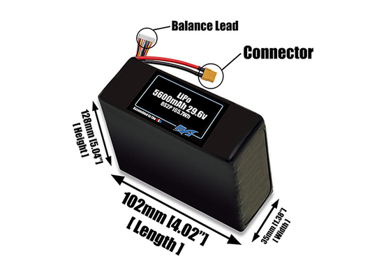Size reference photo of the 5600mAh 29.6V LiPo pack showing 109 mm by 37 mm by 144 mm dimensions ideal for drones or robotic systems where space matters.