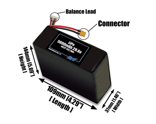 Size reference photo of the 5600mAh 29.6V LiPo pack showing 109 mm by 37 mm by 144 mm dimensions ideal for drones or robotic systems where space matters.