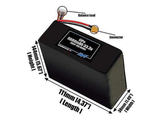 Size reference photo of the 5600mAh 33.3V LiPo pack showing 111 mm by 38 mm by 144 mm dimensions ideal for drones or robotic systems where space matters.