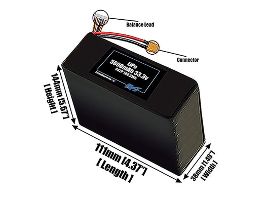 Size reference photo of the 5600mAh 33.3V LiPo pack showing 111 mm by 38 mm by 144 mm dimensions ideal for drones or robotic systems where space matters.