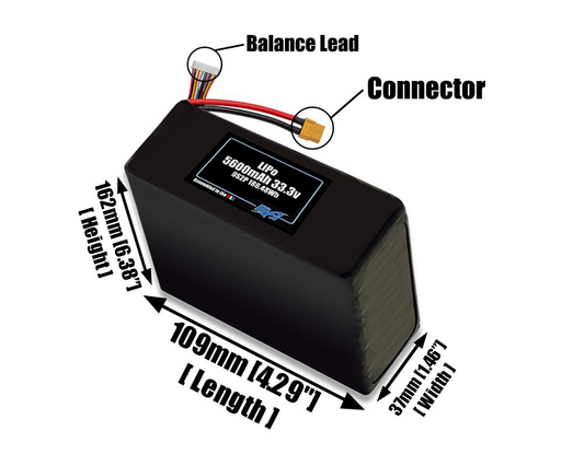 Size reference photo of the 5600mAh 33.3V LiPo pack showing 109 mm by 37 mm by 162 mm dimensions ideal for drones or robotic systems where space matters.