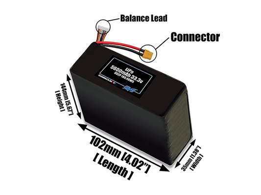Size reference photo of the 5600mAh 33.3V LiPo pack showing 109 mm by 37 mm by 162 mm dimensions ideal for drones or robotic systems where space matters.