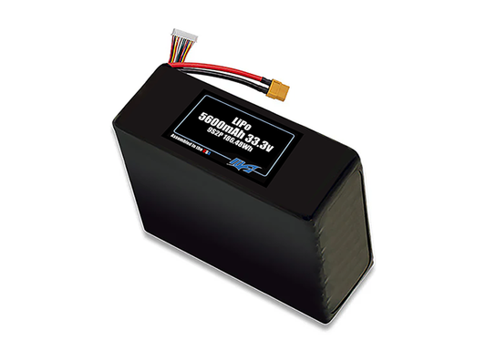 Compact 33.3-volt 5600mAh lithium-polymer battery, built for lightweight drone, UAV, and robotics projects.