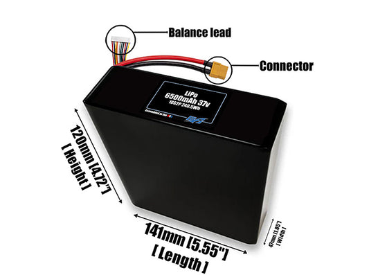 Size reference photo of the 6500mAh 37V LiPo pack showing 141 mm by 47 mm by 120 mm dimensions ideal for drones or robotic systems where space matters.