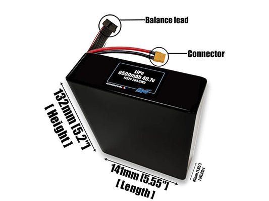 Size reference photo of the 6500mAh 40.7V LiPo pack showing 141 mm by 47 mm by 132 mm dimensions ideal for drones or robotic systems where space matters.
