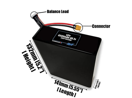 Size reference photo of the 6500mAh 40.7V LiPo pack showing 141 mm by 47 mm by 132 mm dimensions ideal for drones or robotic systems where space matters.