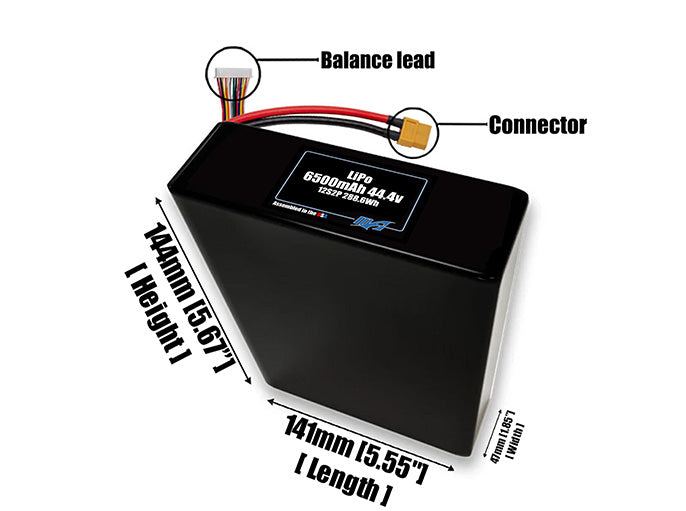 Size reference photo of the 6500mAh 44.4V LiPo pack showing 141 mm by 47 mm by 144 mm dimensions ideal for drones or robotic systems where space matters.