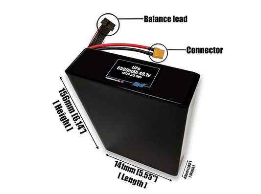 Size reference photo of the 6500mAh 48.1V LiPo pack showing 141 mm by 47 mm by 156 mm dimensions ideal for drones or robotic systems where space matters.