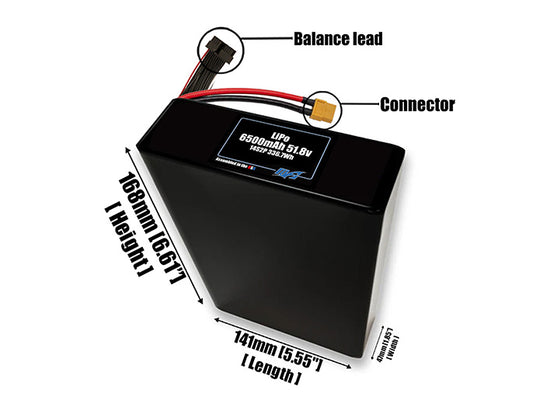 Size reference photo of the 6500mAh 51.8V LiPo pack showing 141 mm by 47 mm by 168 mm dimensions ideal for drones or robotic systems where space matters.