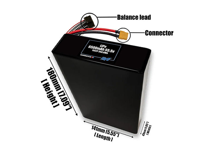 Size reference photo of the 6500mAh 55.5V LiPo pack showing 141 mm by 47 mm by 180 mm dimensions ideal for drones or robotic systems where space matters.