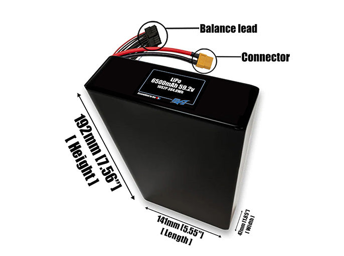 Size reference photo of the 6500mAh 59.2V LiPo pack showing 141 mm by 47 mm by 192 mm dimensions ideal for drones or robotic systems where space matters.
