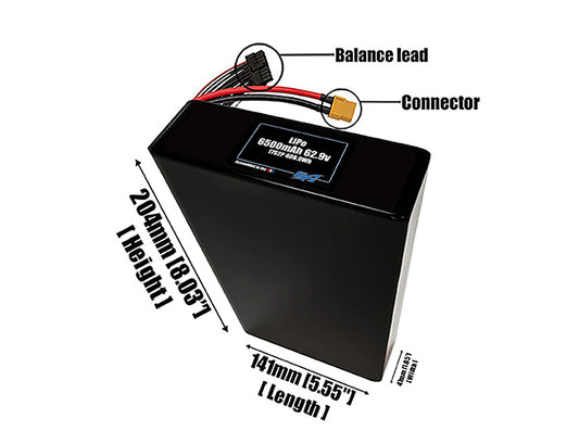 Size reference photo of the 6500mAh 62.9V LiPo pack showing 141 mm by 47 mm by 204 mm dimensions ideal for drones or robotic systems where space matters.