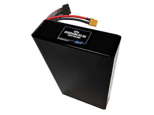 Compact 62.9-volt 6500mAh lithium-polymer battery, built for lightweight drone, UAV, and robotics projects.