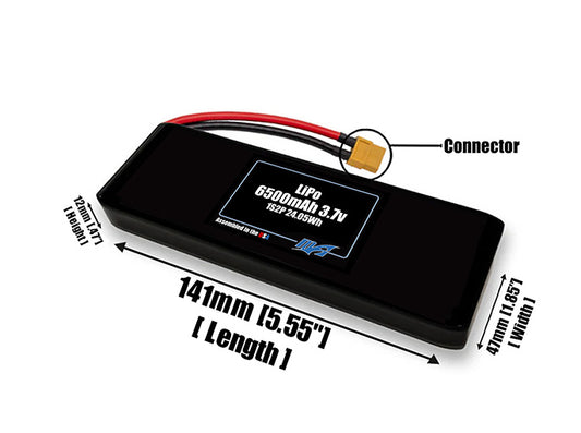 Size reference photo of the 6500mAh 3.7V LiPo pack showing 141 mm by 47 mm by 12 mm dimensions ideal for drones or robotic systems where space matters.
