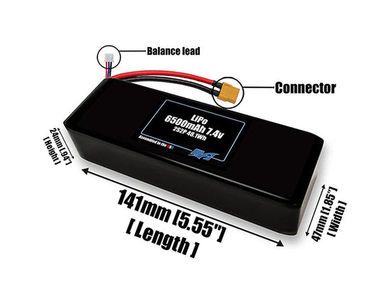 Size reference photo of the 6500mAh 7.4V LiPo pack showing 141 mm by 47 mm by 24 mm dimensions ideal for drones or robotic systems where space matters.