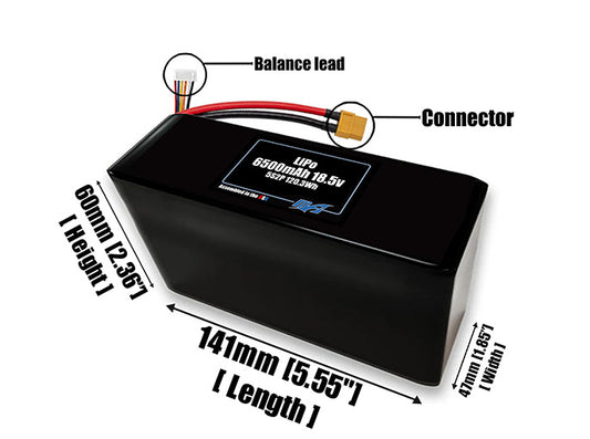 Size reference photo of the 6500mAh 18.5V LiPo pack showing 141 mm by 47 mm by 60 mm dimensions ideal for drones or robotic systems where space matters.