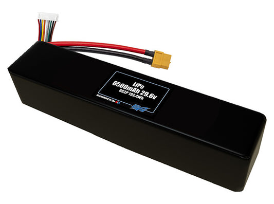 Compact 29.6-volt 6500mAh lithium-polymer end to end battery, built for lightweight drone, UAV, and robotics projects.