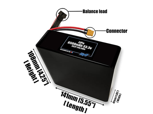 Size reference photo of the 6500mAh 33.3V LiPo pack showing 141 mm by 47 mm by 108 mm dimensions ideal for drones or robotic systems where space matters.