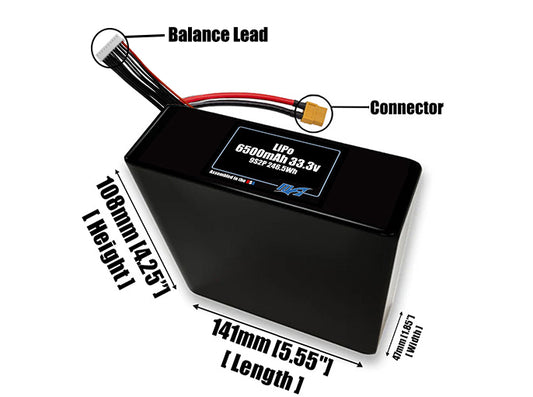 Size reference photo of the 6500mAh 33.3V LiPo pack showing 141 mm by 47 mm by 108 mm dimensions ideal for drones or robotic systems where space matters.