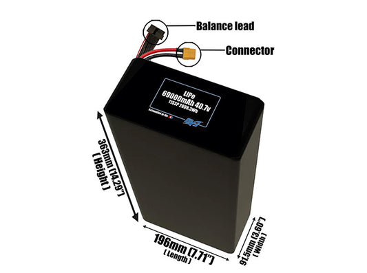Size reference photo of the 69000mAh 3.7V LiPo pack showing 196 mm by 91.5 mm by 363 mm dimensions ideal for drones or large robotic systems where space matters.
