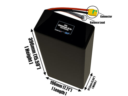 Size reference photo of the 69000mAh 44.4V LiPo pack showing 196 mm by 91.5 mm by 396 mm dimensions ideal for drones or large robotic systems where space matters.