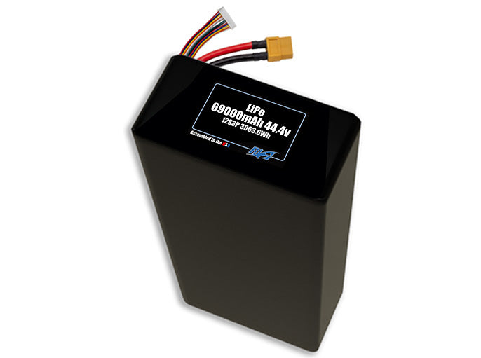 Compact 44.4-volt 69000mAh lithium-polymer battery, built for lightweight drone, UAV, and robotics projects.