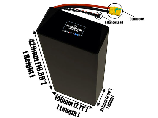 Size reference photo of the 69000mAh 48.1V LiPo pack showing 196 mm by 91.5 mm by 429 mm dimensions ideal for drones or large robotic systems where space matters.