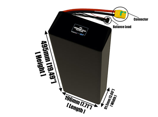 Size reference photo of the 69000mAh 55.5V LiPo pack showing 196 mm by 91.5 mm by 495 mm dimensions ideal for drones or large robotic systems where space matters.