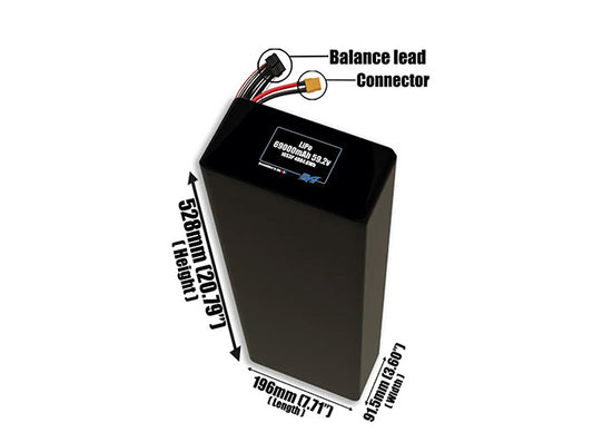 Size reference photo of the 69000mAh 59.2V LiPo pack showing 196 mm by 91.5 mm by 528 mm dimensions ideal for drones or large robotic systems where space matters.