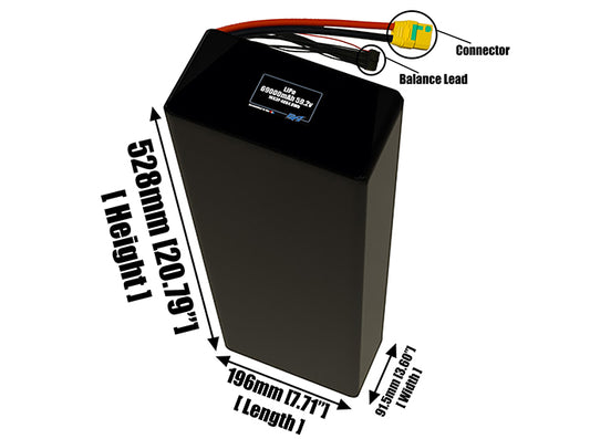 Size reference photo of the 69000mAh 59.2V LiPo pack showing 196 mm by 91.5 mm by 528 mm dimensions ideal for drones or large robotic systems where space matters.