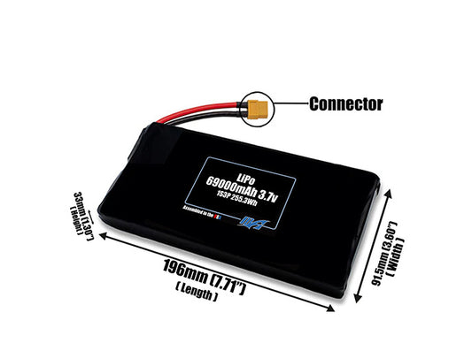Size reference photo of the 69000mAh 3.7V LiPo pack showing 196 mm by 91.5 mm by 33 mm dimensions ideal for drones or large robotic systems where space matters.