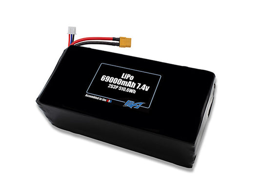 Compact 7.4-volt 69000mAh lithium-polymer battery, built for lightweight drone, UAV, and robotics projects.